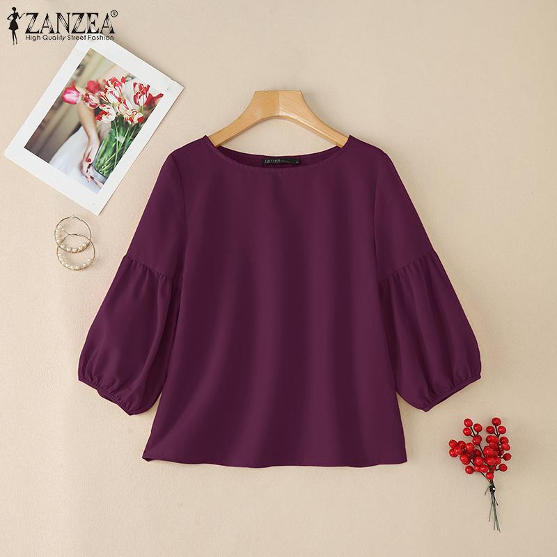 ZANZEA Women Summer Round Neck Loose 3/4 Sleeve Plain Blouse