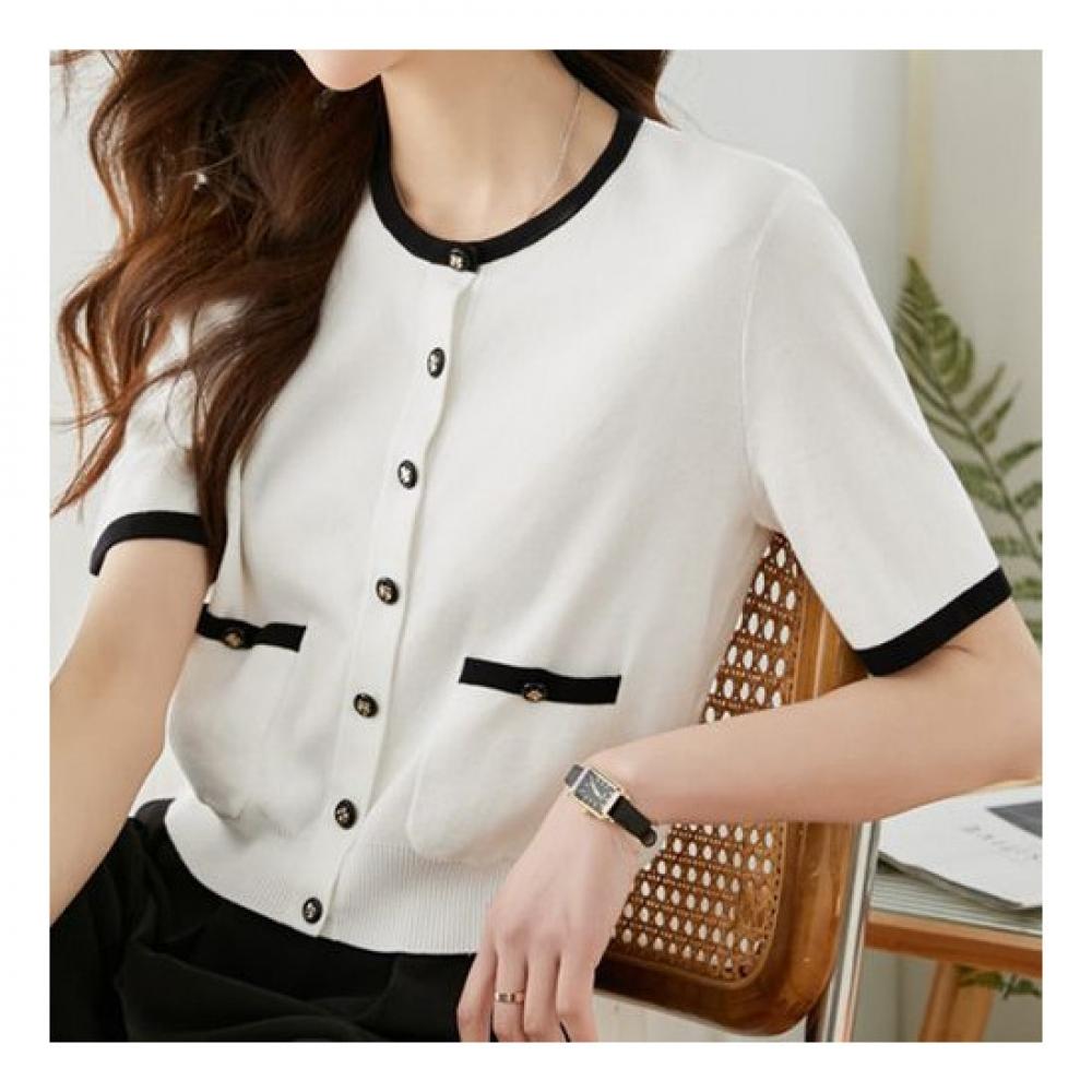 Navava Women Simple Daily Line Knit Short Sleeve Cardigan Nk1469