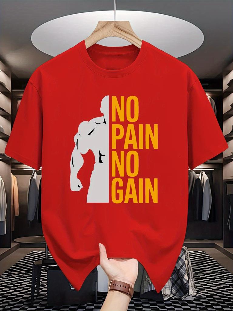 Mens Crew Neck T Shirt No Pain No Gain Bodybuilder Silhouette Graphic Short Sleeve Casual Cotton Fitness Gym Streetwear Tees