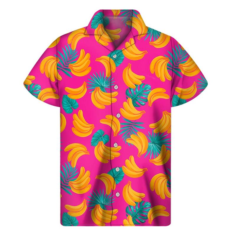 Men Summer Vacation Tropical Plants Pattern Short Sleeves Hawaiian Shirts Button Lapel Aloha Blouse