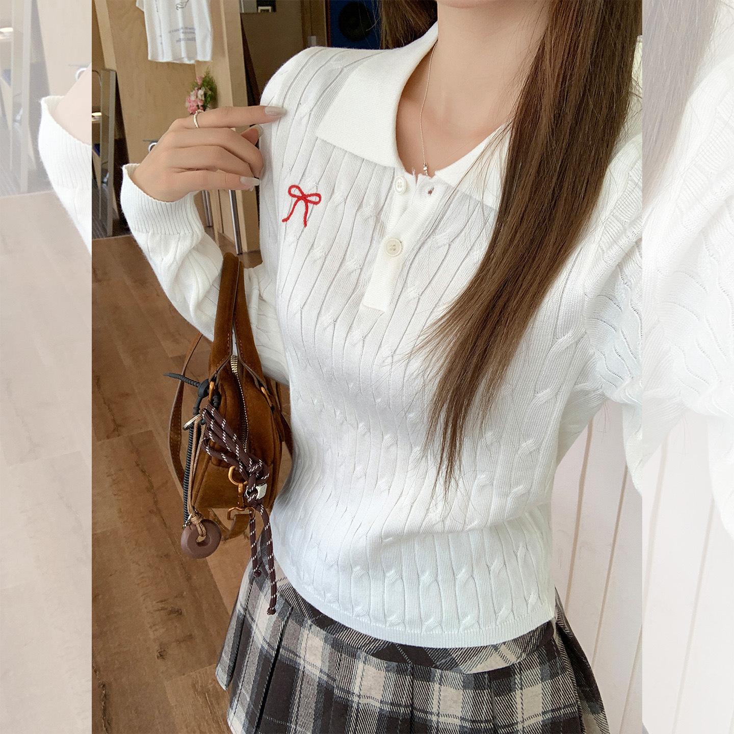 

Korean embroidered POLO collar design sense long-sleeved knitted sweater women s early autumn new slim-fit bottoming top One size fits all белый