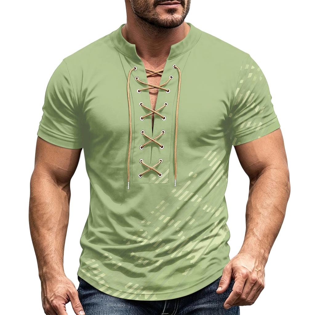 Herren Sommer Retro V-Ausschnitt Hemd Kurzarm Lässig Farbe Oberteil