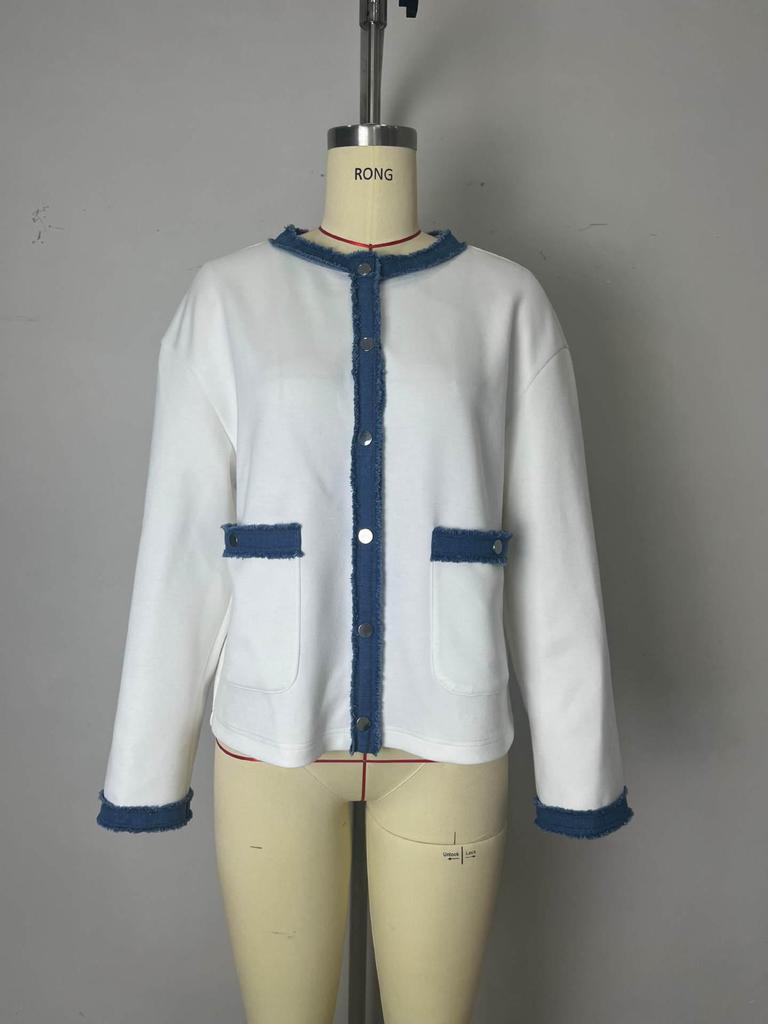2025 European & American Furry Denim Color Block Long Sleeve Jacket
