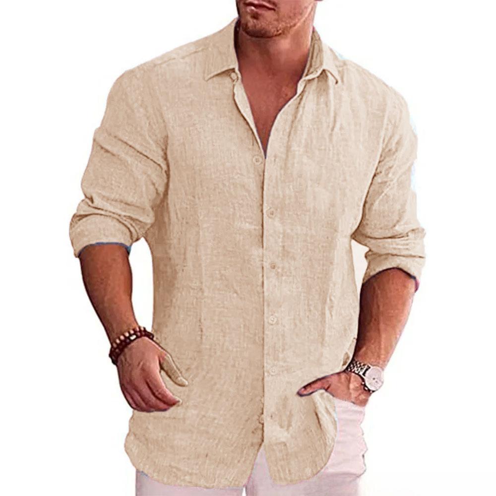 Cotton Linen Autumn Men's Long Sleeve Shirt Solid Color Casual Style Plus Size Men's Casual Linen Hawaiian Shirt