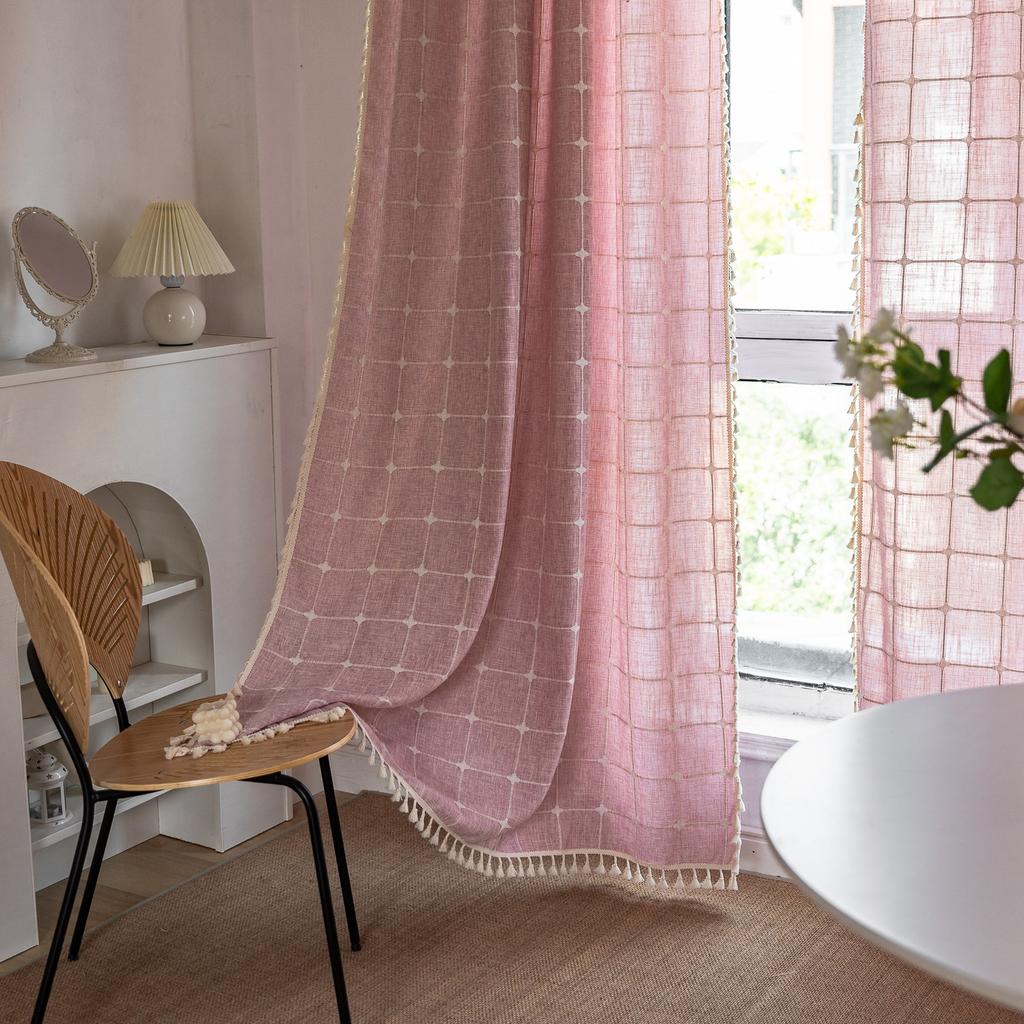 Curtain Finished Grey Plaid Embroidered Farmhouse Decorative Blackout Half Curtain Bohemian Curtain