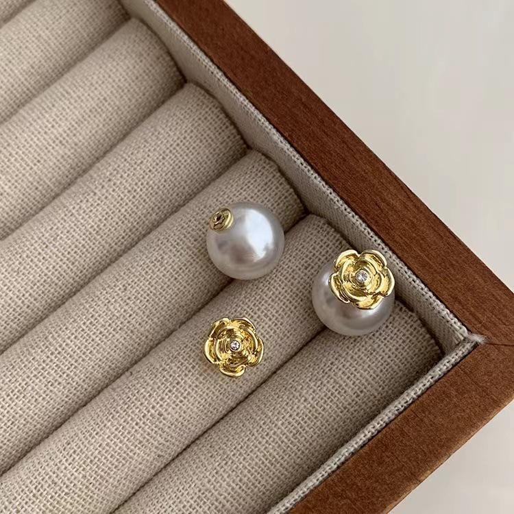 Elegant Two-Way Retro Camellia Pearl S925 Silver Ear Studs