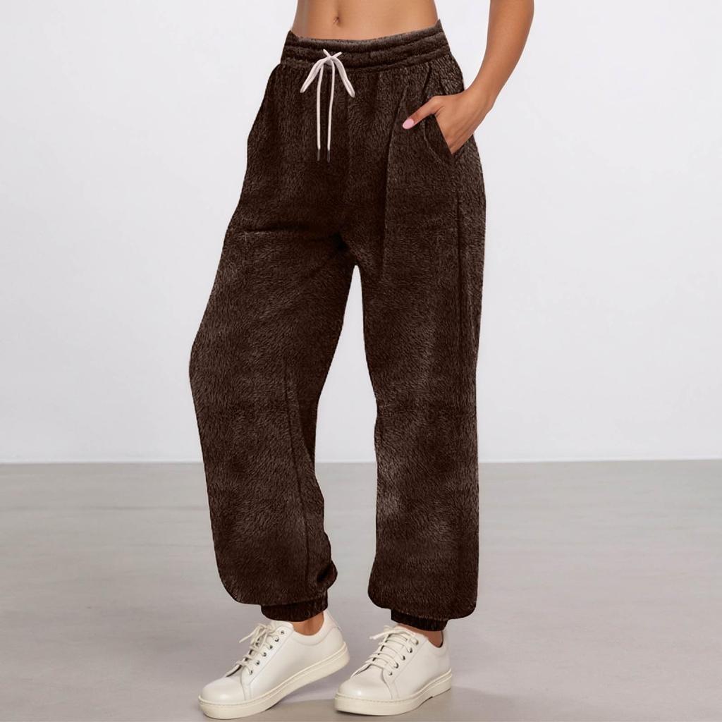 Women's Fashionable Solid Color Pocket Drawstring Elastic Waist Plush Casual Pants
