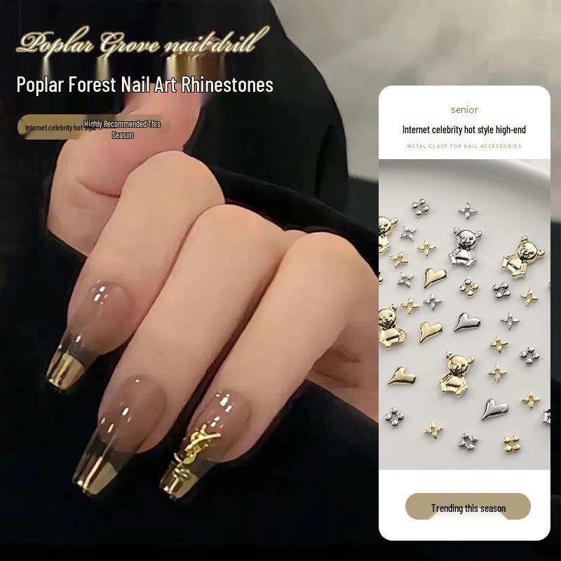 

Heart Teddy Bear Rhinestone Nail Art Mix - 50 Pieces, Light Luxury Color, Starburst Four-Corner Design.