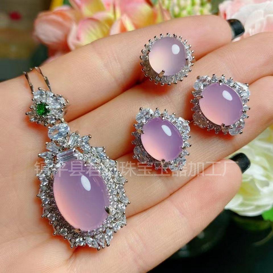 Natural High Ice Chalcedony Three-Piece Set White Ice Chalcedony Pigeon Egg Pendant Ring Earrings Jade Jewelry Gift Set