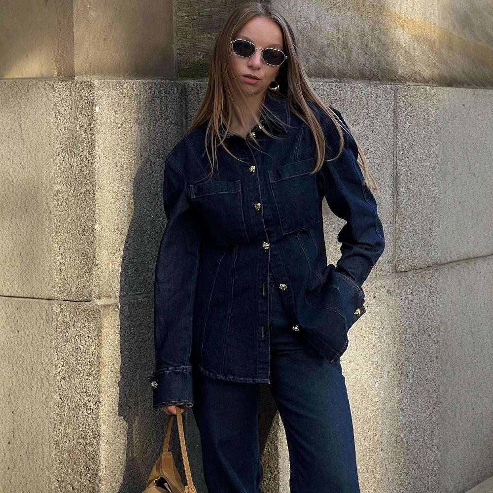 Jarní 2025 Euro-americký styl Dámská džínová košile a kalhoty set s klopovým designem