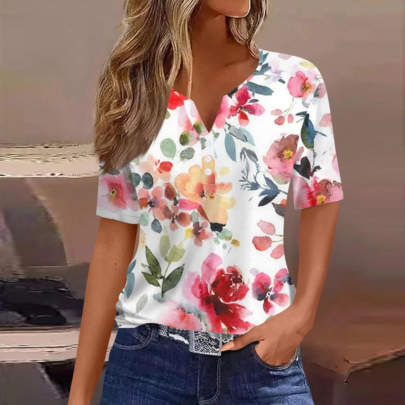 

Жен. Футболка Футболка С принтом Пуговицы С короткими рукавами Повседневные Выходные Мода Классический V-образный вырез Обычный Верх XL красный