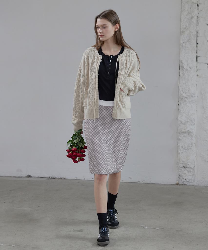 Letter From Moon Bana Lace Check Midi Skirt (Brown)