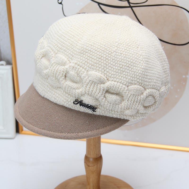 Ladies autumn and winter twist knitted cap sequined warm short brim beret middle-aged and elderly mother versatile wool hat