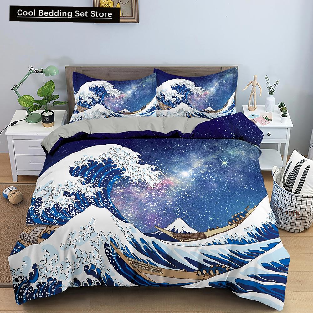 Ozeanwelle Bettwäscheset 3D Abstrakte Kunst Bettbezug King/Queen Größe mit Kissenbezug Aquarellstil 2/3-teilig Polyester Steppdeckenbezug