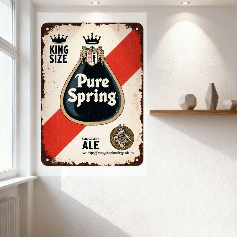 Vintage Pure Spring Ginger Ale Metal Tin Sign Cream Background Red Stripe Rust Spots King Size GS Monogram Retro Bar Cafe Man Ca