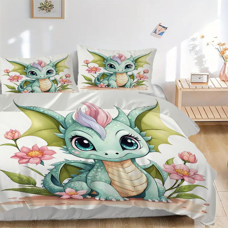 3pcs Green Cute Dragon Printed Duvet Cover Set (1 * Cover+2 * Pillowcase, Without Core), Suitable for Home Bedroom, Guest Room, Dormitory Decorat