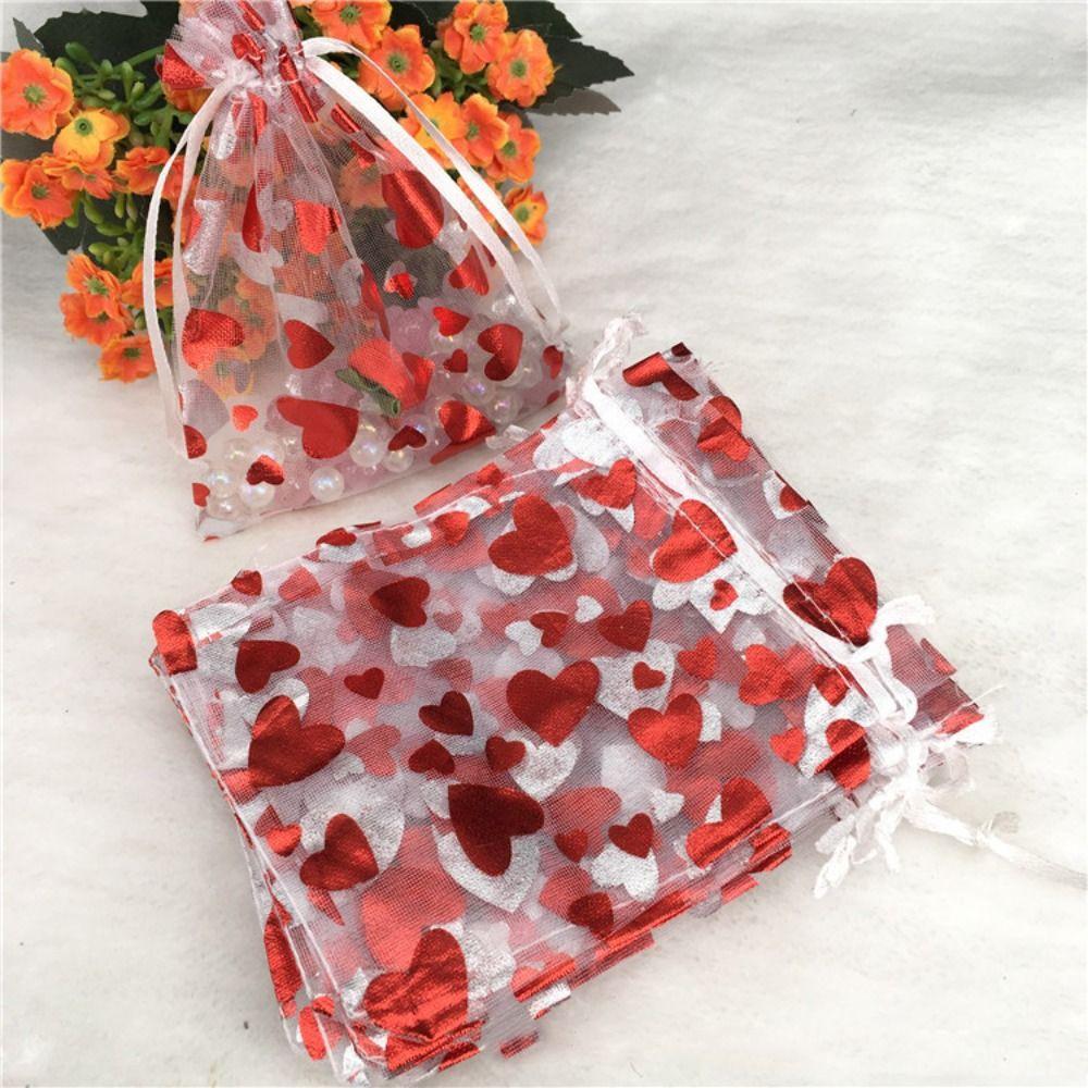20pcs Love Heart Valentine's Day Gift Bag Organza Bronzing Gift Bag Mesh Candy Pouches  Wedding