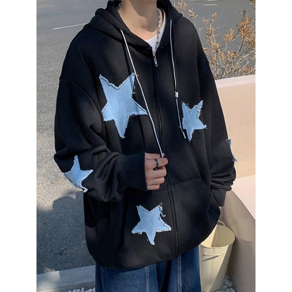 Women's Star Patch Zip Up Hoodie for Women Oversized Y2k Sweatshirt Jacket E-Girl 90s Pullover Streetwear