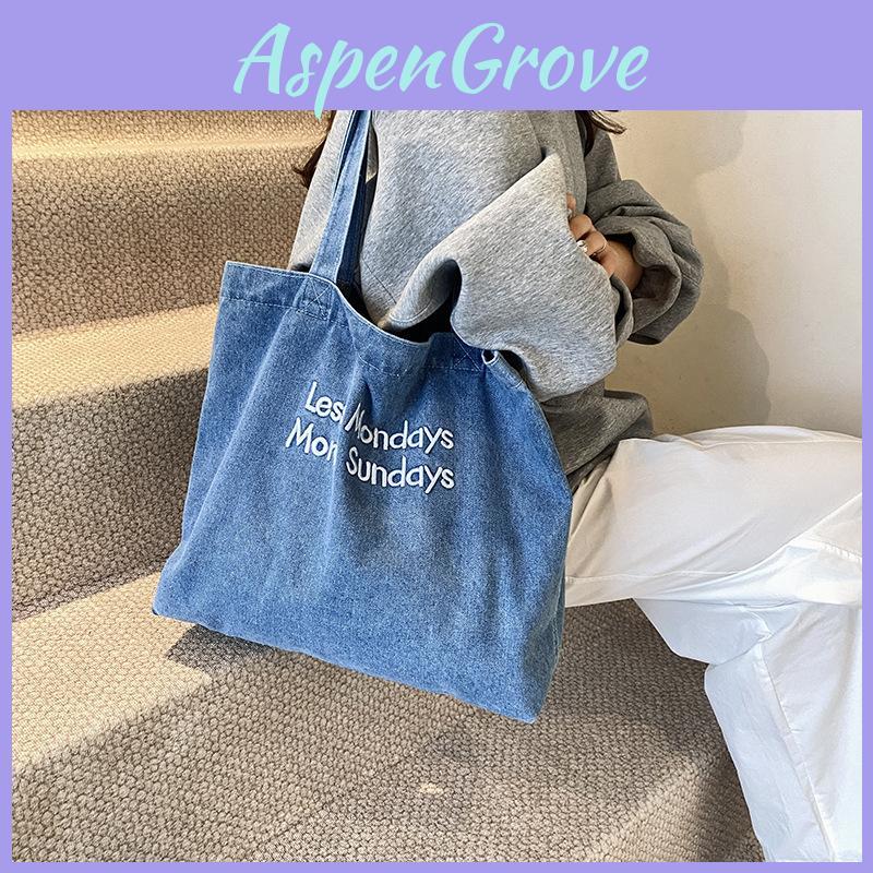 Chic Retro Style Large Capacity Denim Tote Bag For Students And Commuters In Trendy Blue