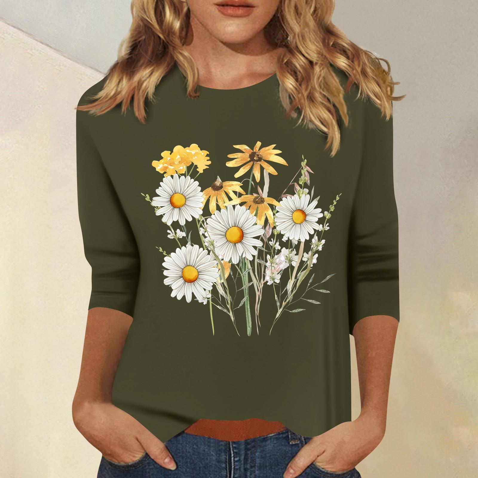 Women s Fashion Casual  Printed Seven Sleeve Round Neck Top L армия зеленый