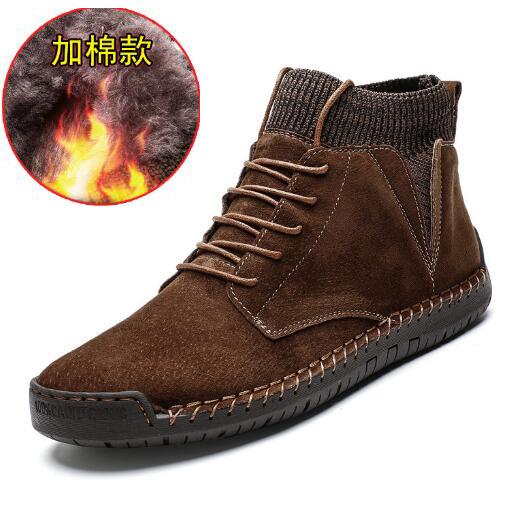 Autumn winter men's leather boots plus fleece men's suede outdoor casual shoes high-top snow boots sapatos masculinos D582
