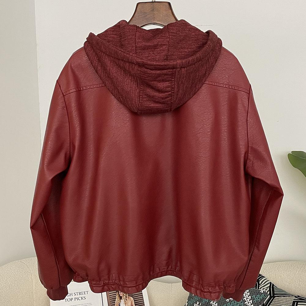 OFTBUY Damen Kapuzenjacke Vintage Locker Pu Kunstleder Hut Kurze Jacke Lässig Motorradjacke Damen Reißverschluss Retro Moto Biker Mantel Oberbekleidung Tops