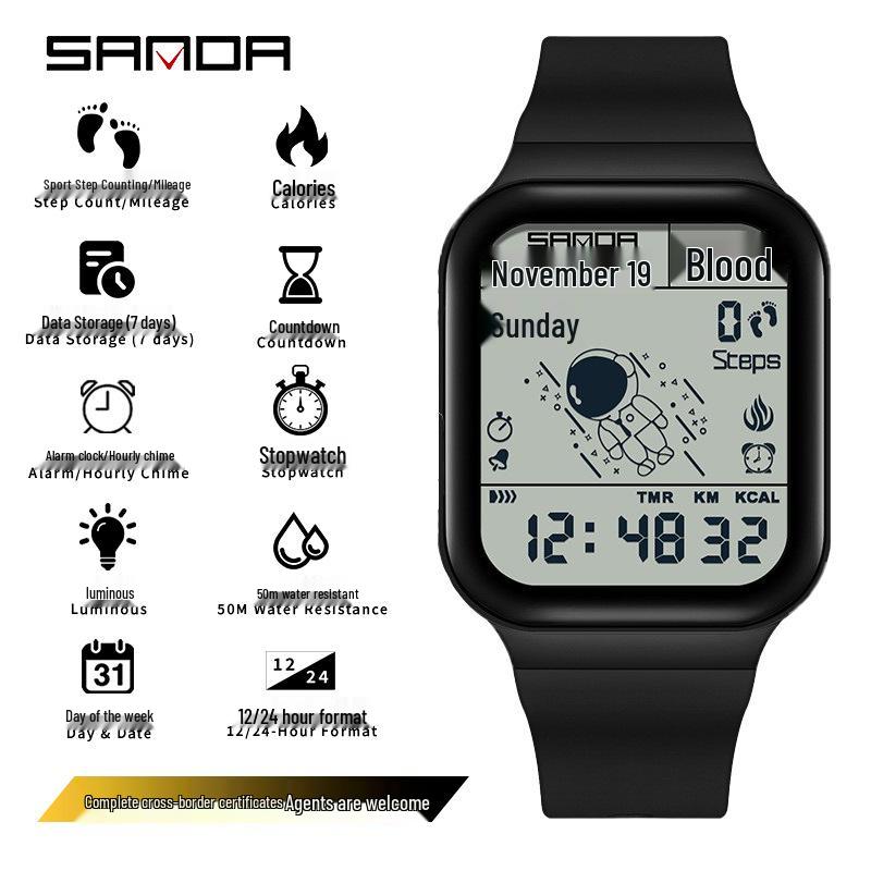 Sanda Astronaut Student Sports Watch: Luminous, Waterproof, Multifunctional with Pedometer & Calorie Tracker