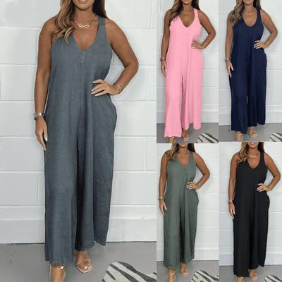 Women's Summer Sleeveless Rompers Loose V Neck Cotton Linen Overalls Jumpsuits with Pocket