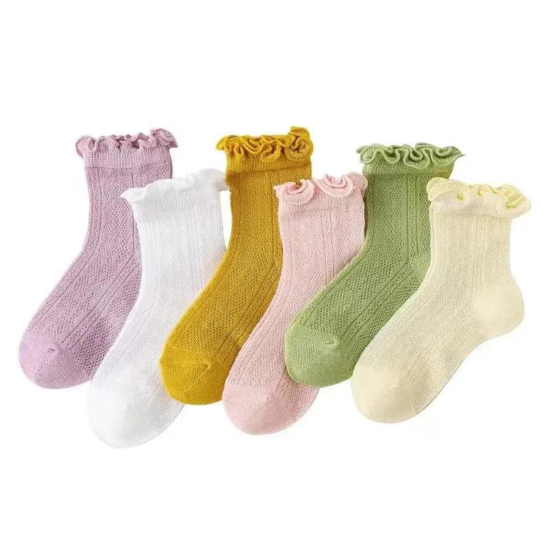 Spring and Summer Girls New Thin Breathable Comfortable Cotton Mesh Solid Lace Fashion Wooden Ear Edge Princess Socks