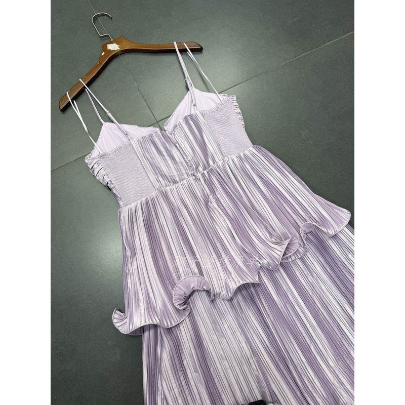 Yanzijia Foreign Trade Order A * R Purple Green Heavy Industry Pleated Three-Dimensional Sling A Word Swing Dress Cocktail Dress