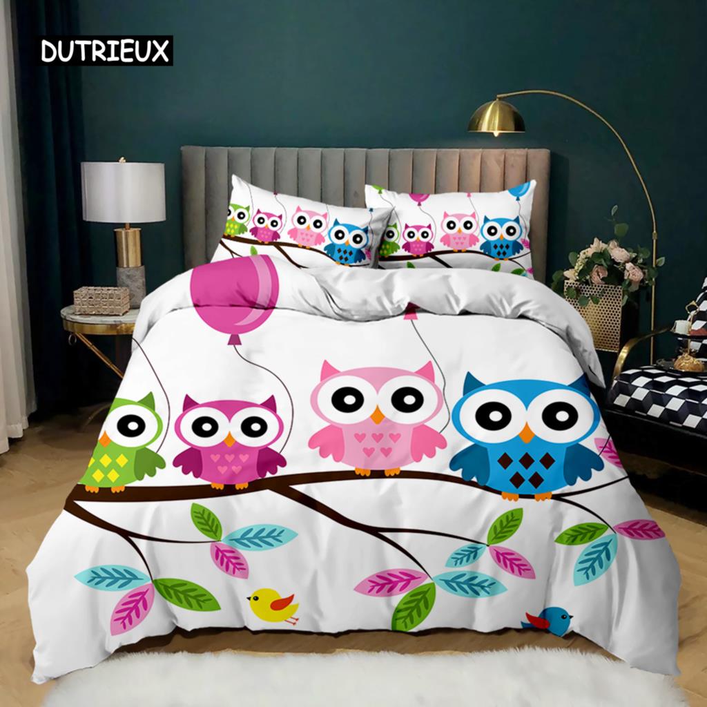Owl Duvet Cover Adorable Cartoon Soft Microfiber Bedding Set Twin Double Queen King Size Animal Theme