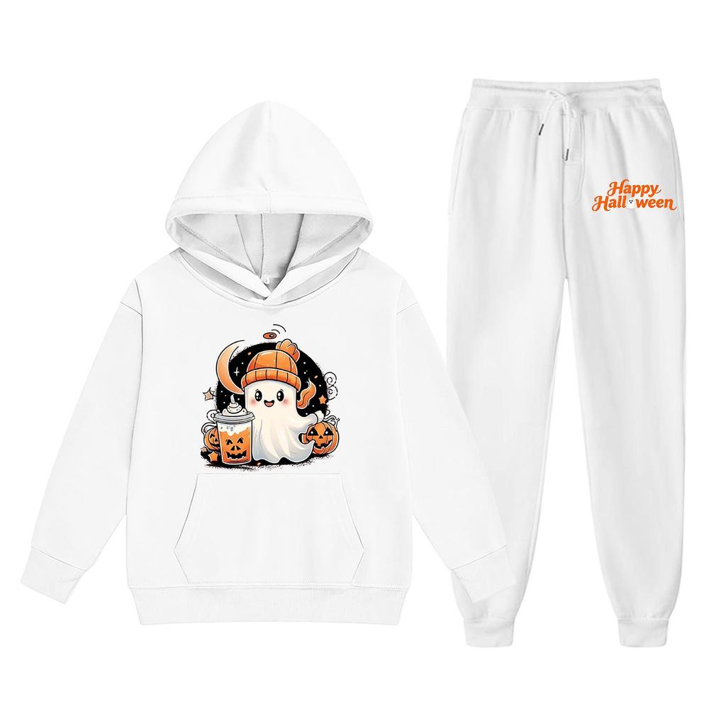 Kids Halloween Hoodie Set Ghost Print Pullover Sweatshirt and Pants Outfit Soft Comfortable Fabric Suitable for Fall and Winter Wear