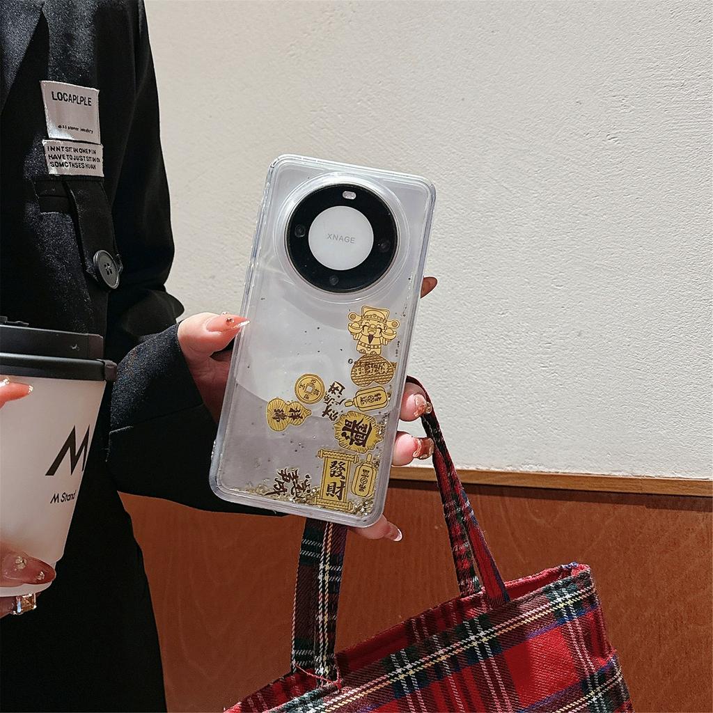 Applicable To Huawei Mate70pro Quicksand Gold Mobile Case New Year God of Wealth Mate60PRO Transparent Anti-fall Protection Case