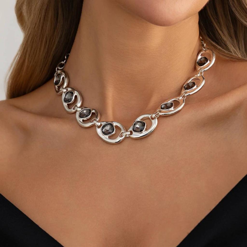 SHIXIN 2 Styles Exquisite Shiny Glass Drill Choker Necklace Jewelry Women Retro Charm Irregular Short Neck Chain Accessory Gift