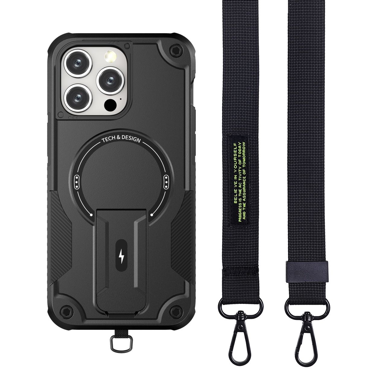 

For iPhone 16 Pro Max Case Compatible with MagSafe TPU+PC Kickstand Phone Cover with Strap Black