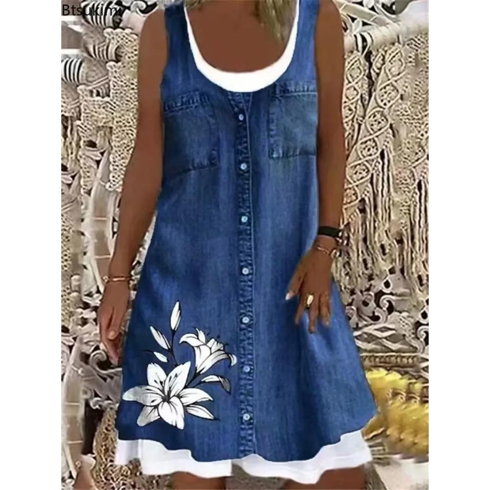 Nouvelle robe 2025 pour femme à impression numérique Fausse pièce deux pièces Imitation Jean Robe Décontractée Ample Col Rond Robe débardeur Femme Vestidos