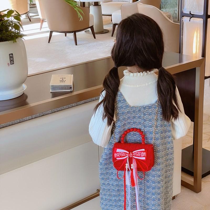 Red Girls Enchanting Shoulder Bag With Chic Bow And Tassel Accents Kids For