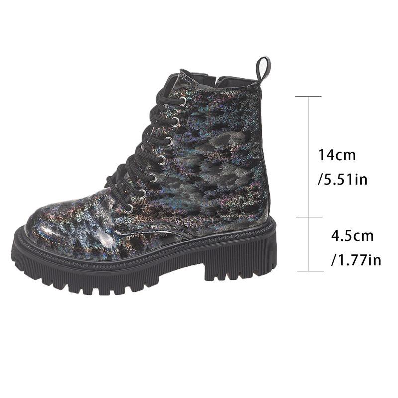 Large size short boots women's autumn and winter new printed round head lace-up low-heeled high-top Martin boots women's boots