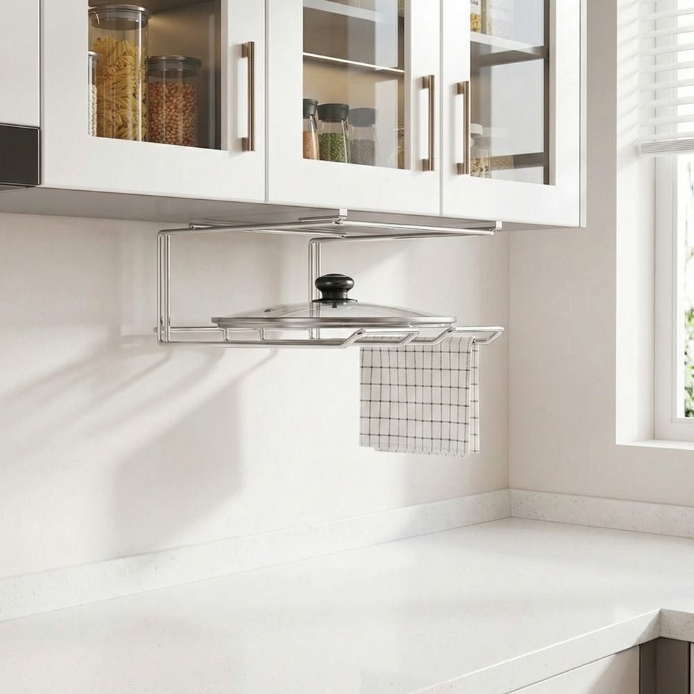 Wall Mounted Under Cabinet Storage Rack No-Drill Pot Lid Storage Rack for Kitchen
