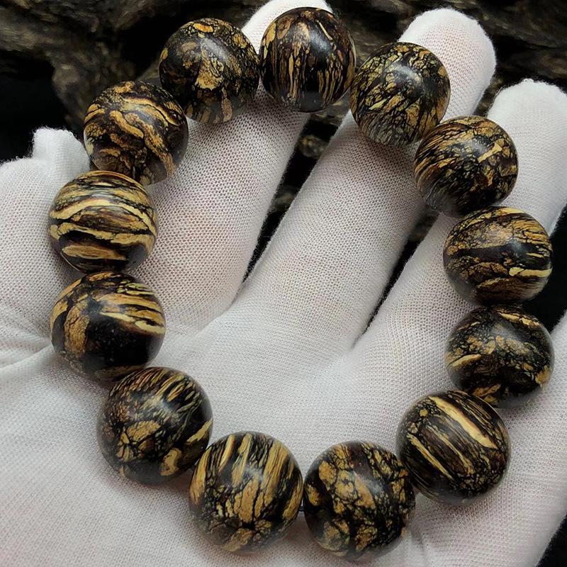 Vietnamese Nha Trang Agarwood Tiger Stripe Qinan Beads Bracelet - 20mm, 12 High Oil Striped Beads, Natural Buddhist Hand String
