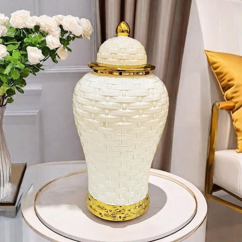 Ceramic Pot Ginger Jar Weave Pattern Ceramic Checkmate Jar Storage Tank Golden Flower Vase Home Decoration Accessories