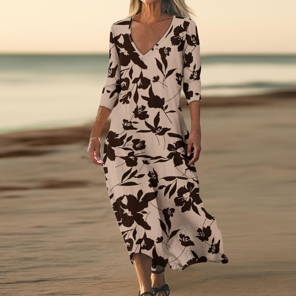 Dresses For Womens Vintage Print Tunic Waisted Midi Dress Summer Casual  3/4 Sleeve Dress