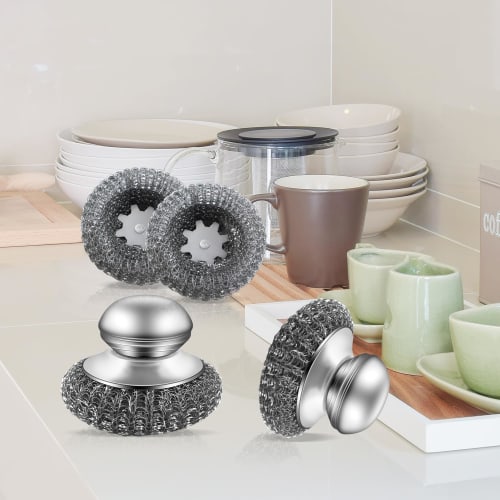 joyoyoo Metal Scouring Brush, Stainless Steel Scourer with Handle, Powerful Cleaner for Removing Burnt Food, Frying Pans, and Sinks, Easy Storage, 1 B