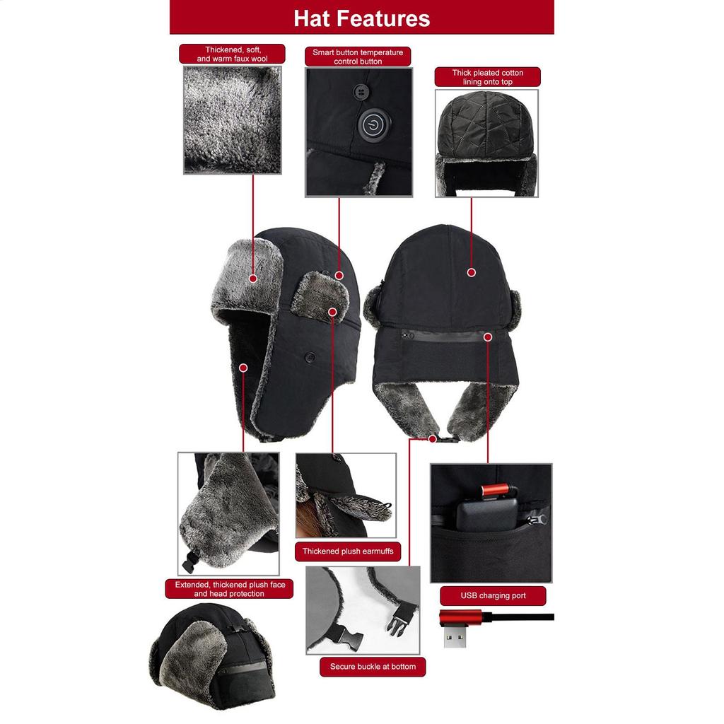 Winter Hat Heated Beanie 3 Temp Settings Warm Headgear Windproof Thermal Ear Protection Hat for Fishing Camping Backpacking