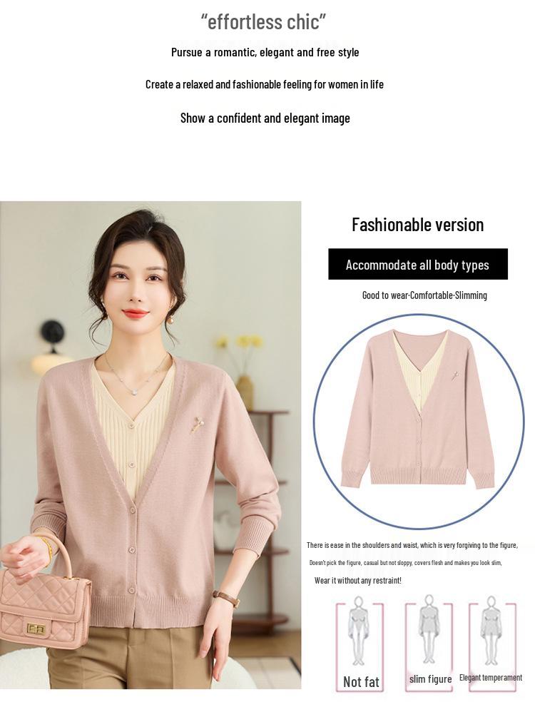 Spring Knit Two-Piece Cardigan - Stylish V-Neck Jacket for Middle-Aged & Elderly Women