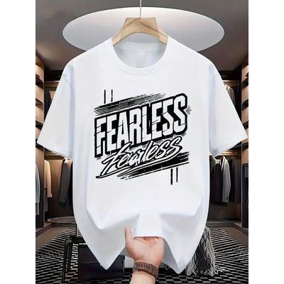 European Size Men's Cotton Short Sleeve T-Shirt - Breathable Casual Round Neck Tee with Bold "FEARLESS" Graphic Print, Regular Fit for Summer