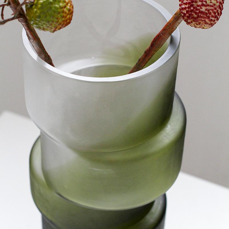 Vase en Verre Géométrique Désaligné Dégradé Mat Vert Joint de Bambou Vase en Verre Hydroponie Terrarium Accessoires de Décoration pour la Maison