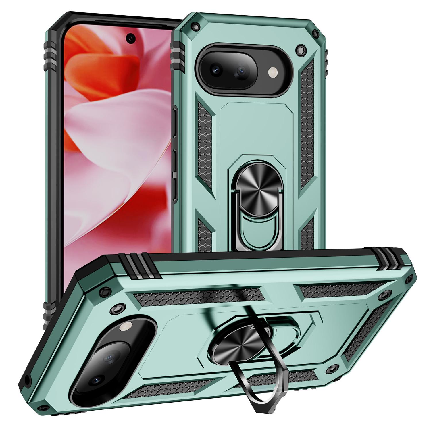 

For Google Pixel 9a Case PC+TPU Phone Cover with Rotary Ring Kickstand Blackish Green