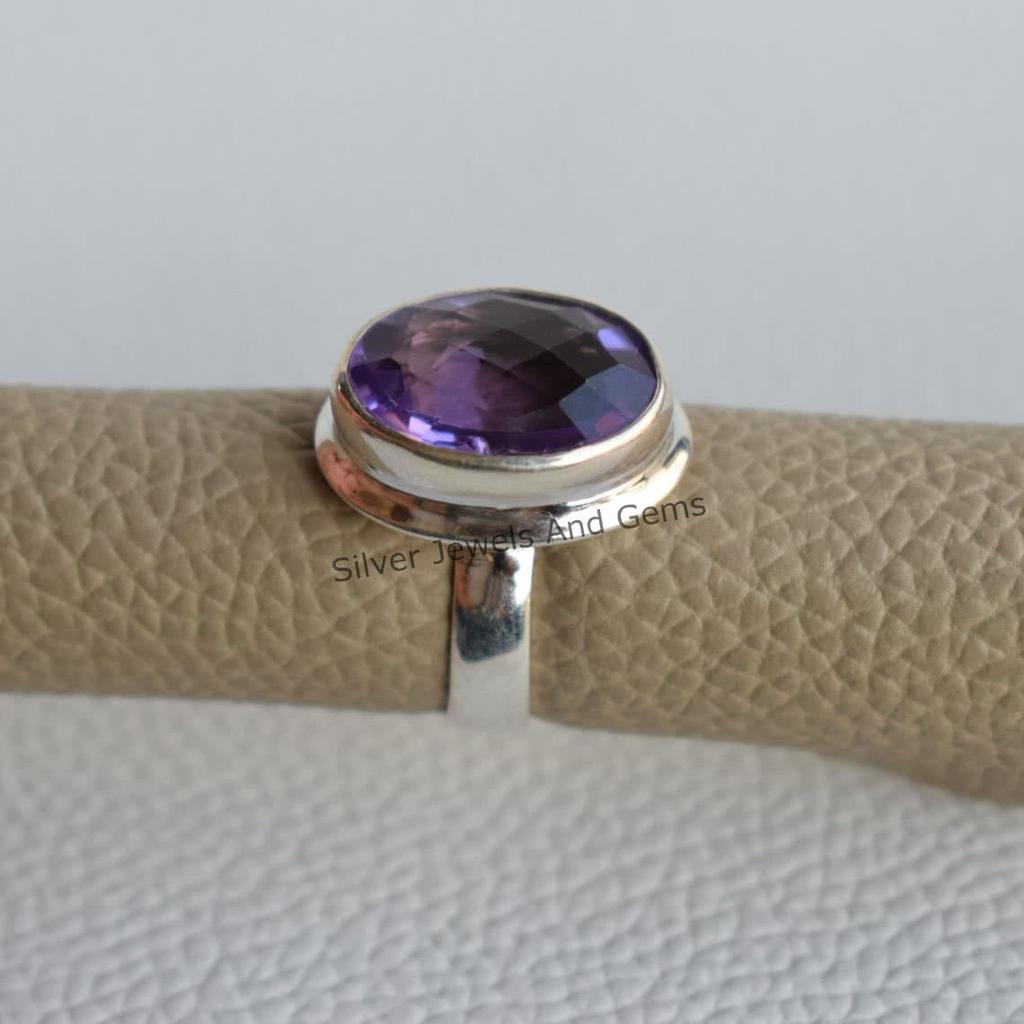 Natural Amethyst Ring, Handmade Ring, 925 Sterling Silver Ring, Oval Checker Amethyst Ring, February Birthstone Ring, Birthday Ring