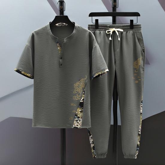 2Pcs/Set Men Summer Outfit Stand Collar Short Sleeve T-shirt Elastic Waist Drawstring Ice Silk Pants Set Tiger Print Casual Suit